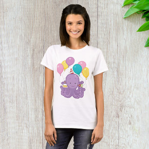 Birthday Octopus with Balloons and Cupcake T-Shirt