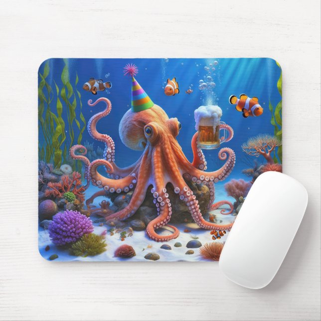 Birthday Octopus With Beer Mug Mouse Pad (With Mouse)