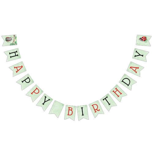 Birthday of a ladybug on a meadow watercolor bunting flags