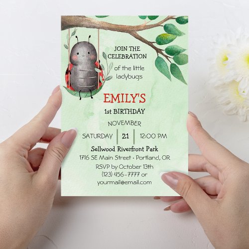 Birthday of a ladybug on a meadow watercolor invitation