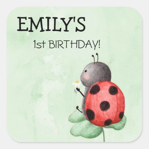 Birthday of a ladybug on a meadow watercolor square sticker