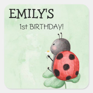 Birthday of a ladybug on a meadow watercolor square sticker