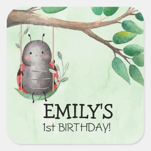 Birthday of a ladybug on a meadow watercolor square sticker