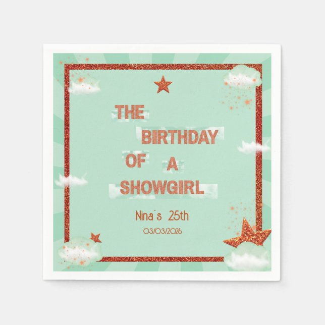 Birthday of a Showgirl Retro Orange & Teal Party  Napkins (Front)
