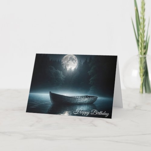 Birthday Old Boat On Moonlit Lake Card