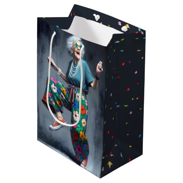 Birthday Old Lady Dancing Medium Gift Bag (Front Angled)