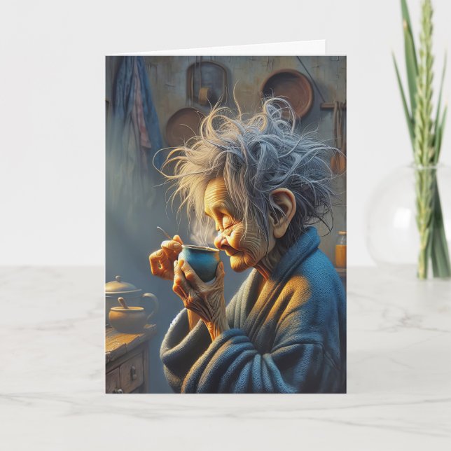 Birthday Old Lady Drinking Morning Coffee Card (Front)