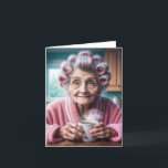 Birthday Old Lady In Pink Curlers Card<br><div class="desc">An elderly woman with pink curlers in her hair and a pink robe is holding a steaming cup.
All text can be changed.</div>