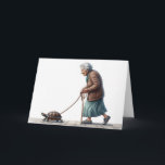 Birthday Old Lady Walking a Turtle Card<br><div class="desc">Old lady walking her turtle on a leash for a birthday.
The text can be changed.</div>