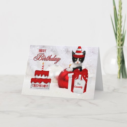 Birthday on Christmas Day Cat and Cake Holiday Card