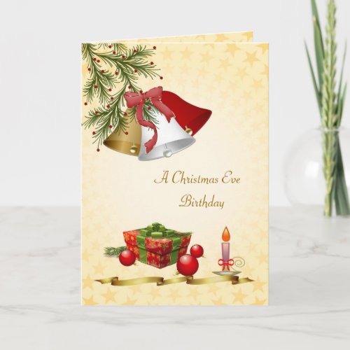 Birthday on Christmas Eve _ bells baubles candle Holiday Card