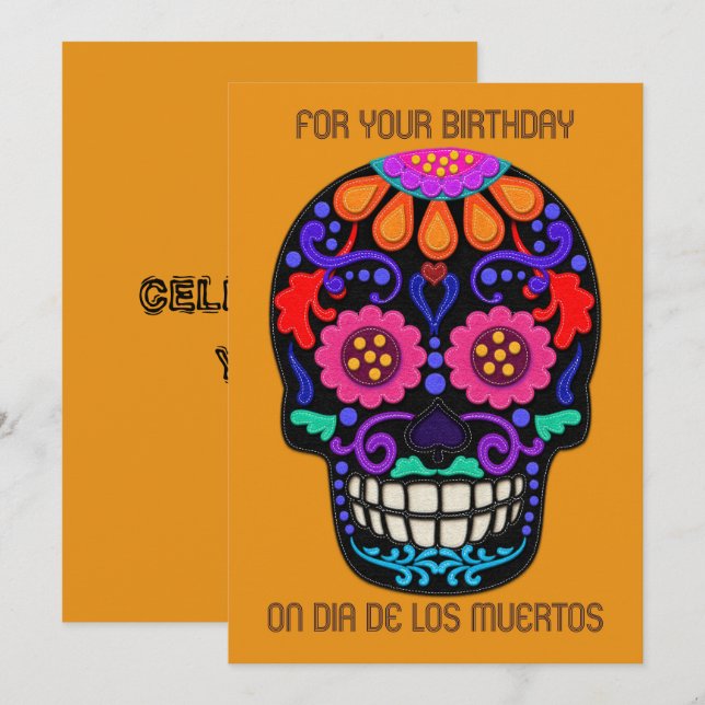 Birthday on Dia de los Muertos Felt Look Skull (Front/Back)