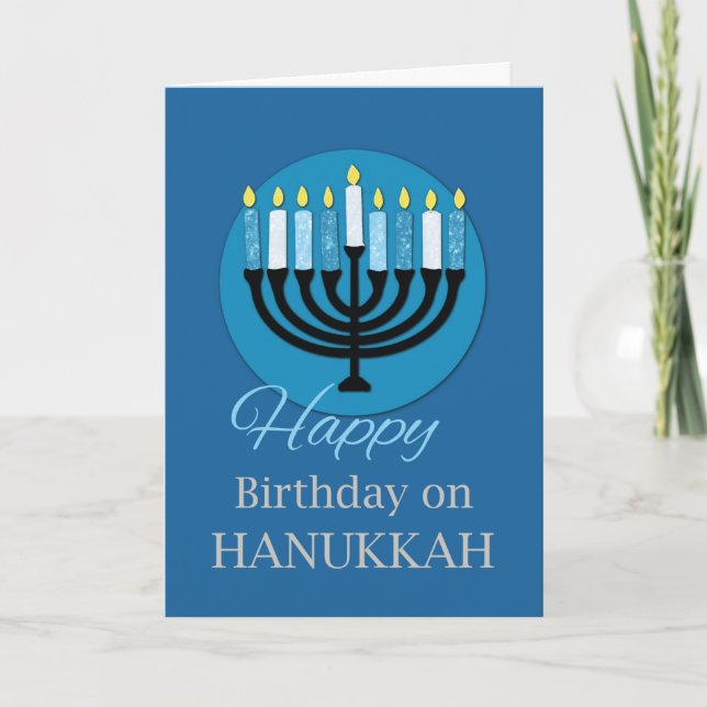 Birthday on Hanukkah Menorah on Dark Blue Card (Front)