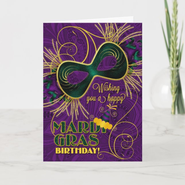 Birthday on Mardi Gras Purple with Green Gold Card (Front)