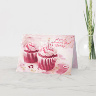 Birthday on Valentine's Day Pink Cupcakes Holiday Card