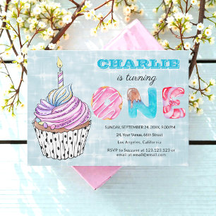 Birthday One Blue Pink Cupcake Winter Sparkle Invitation