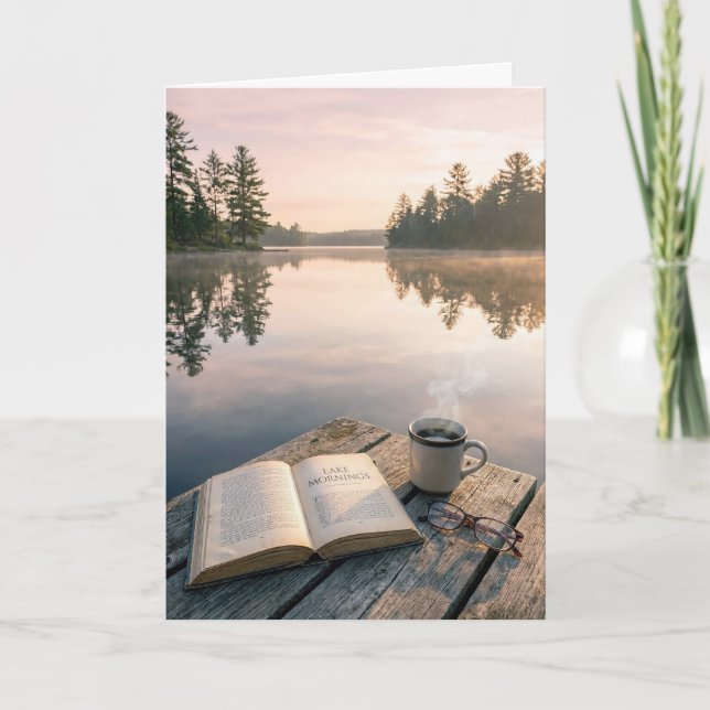 Birthday Open Book With Coffee On a Lake Dock Card (Front)