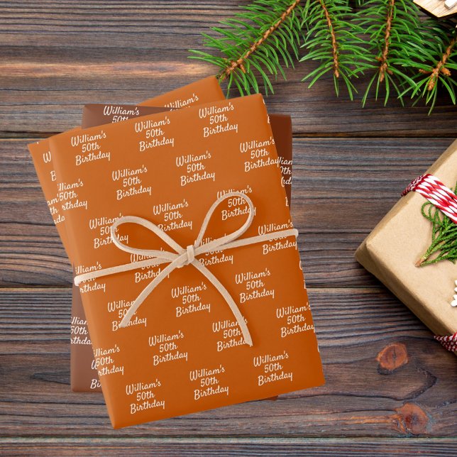 Birthday orange brown rust name wrapping paper sheets (Creator Uploaded)