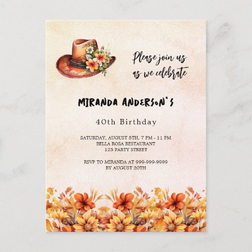 Birthday orange flowers boho cowgirl hat invitation postcard