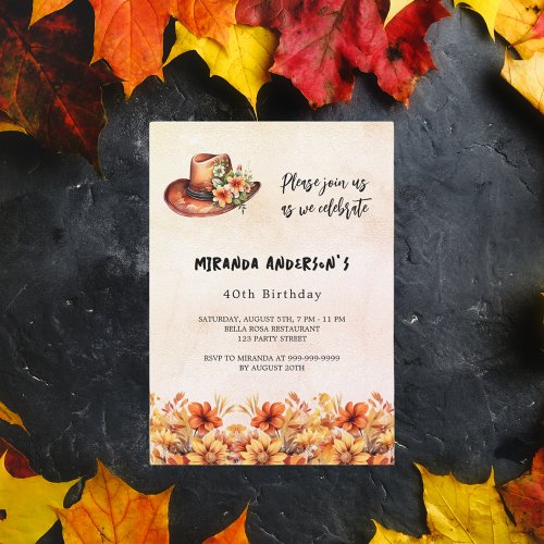 Birthday orange flowers fall cowgirl hat luxury invitation