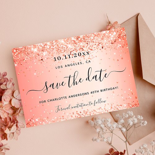 Birthday orange glitter save the date glam