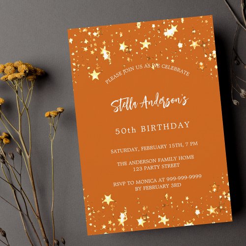 Birthday orange gold stars modern invitation postcard