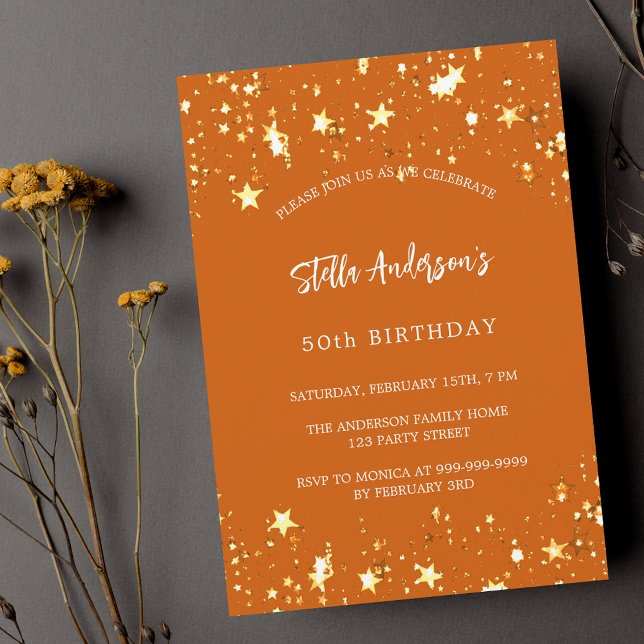 Birthday orange gold stars modern luxury invitation (Creator Uploaded)