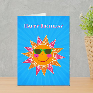 Birthday Orange Sun Abstract Sun Fancy Rays Blue Card