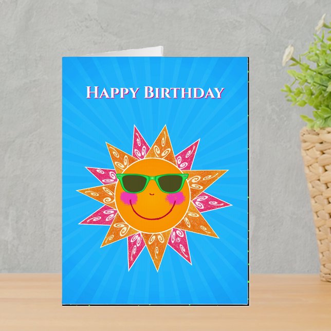 Birthday Orange Sun Abstract Sun Fancy Rays Blue Card (Bright orange smiling sun pink orange rays wearing sunglasses oversized blue Birthday greeting card.)