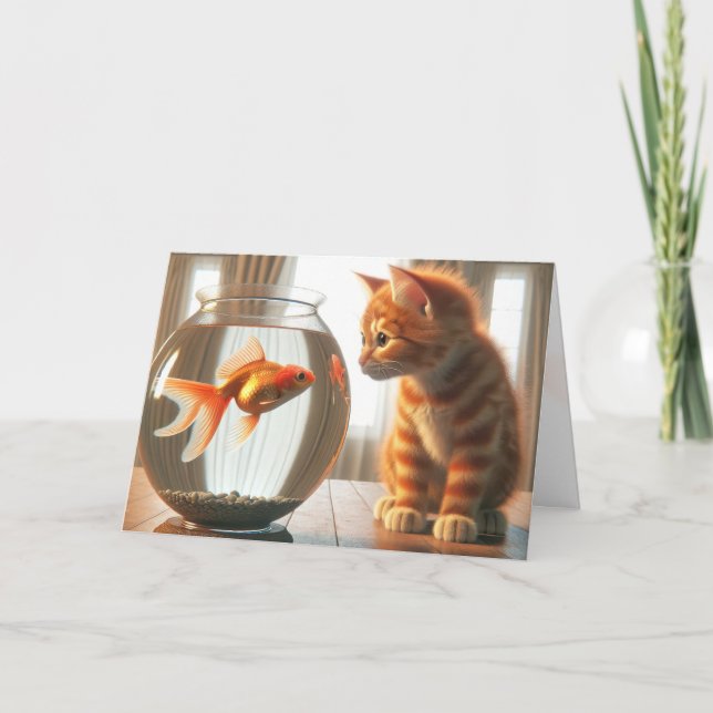 Birthday Orange Tabby Staring At a Goldfish Card (Front)