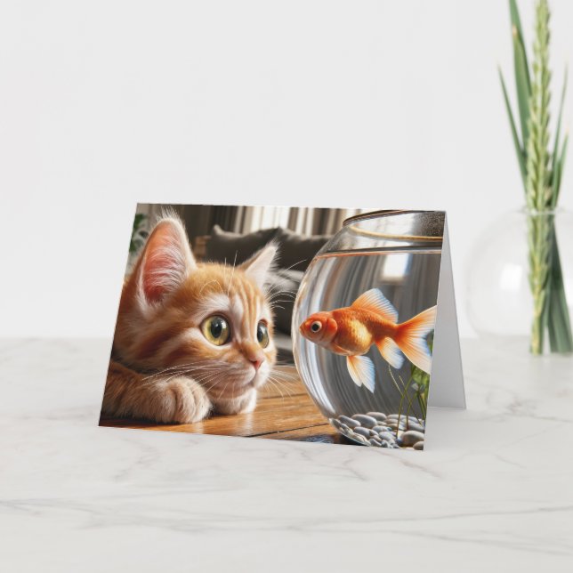 Birthday Orange Tabby Staring At a Goldfish Card (Front)