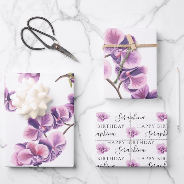 Birthday Orchid Wrapping Paper Sheets (Front)