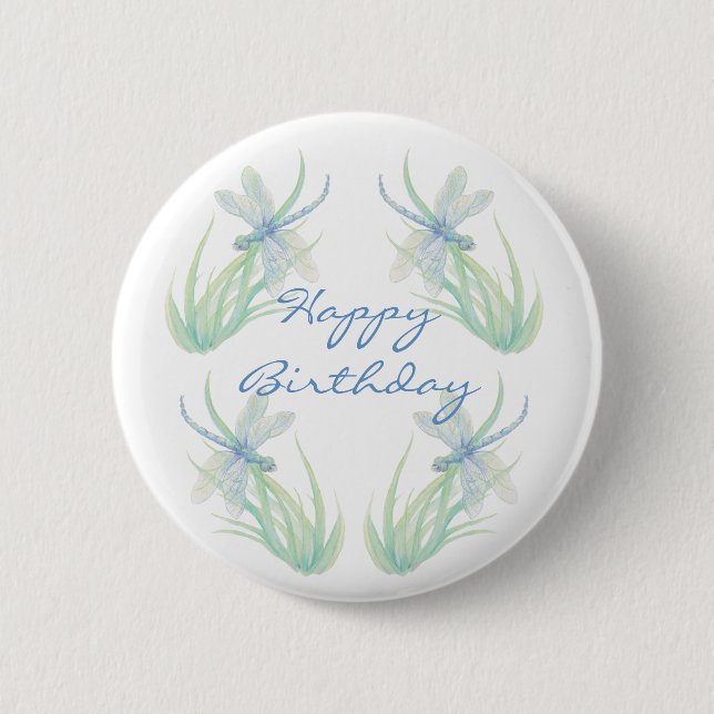 Birthday Original Watercolor Dragonfly in Blue Button (Front)