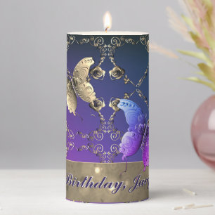 Birthday Ornate Rose & Butterfly Pillar Candle