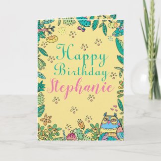 Birthday Owl Colorful Folk Art Typography Drawing Card