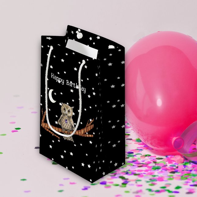 Birthday Owl Crystal Necklace Branch Moon Stars Small Gift Bag (Brown owl tree branch purple crystal necklace moon stars on black Birthday gift bag.)