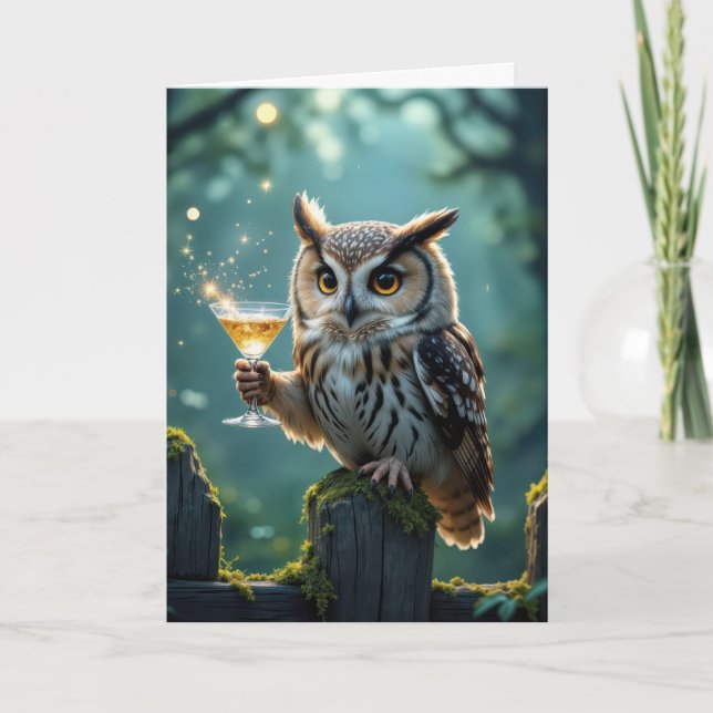 Birthday Owl Holding a Cocktail In a Forest Card (Front)