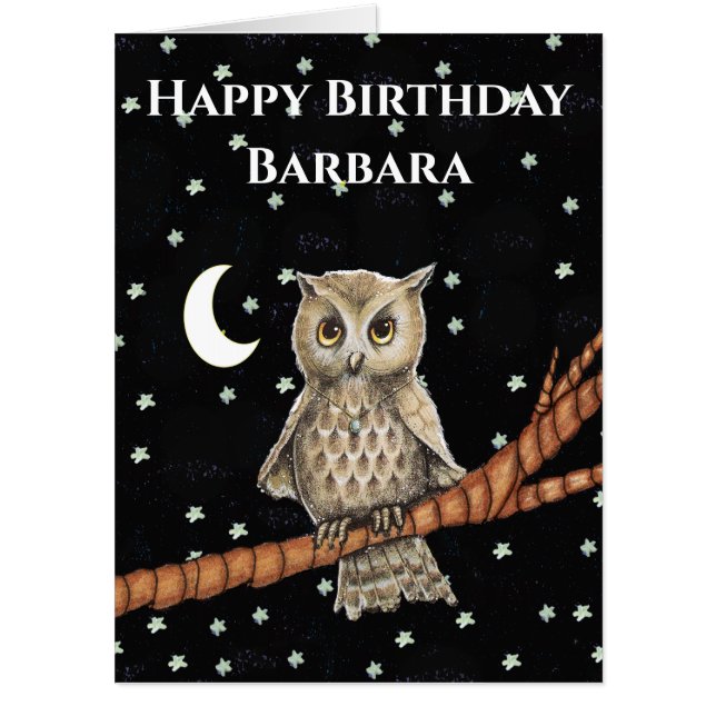 Birthday Owl Wearing Blue Necklace Branch Stars Card (Front)