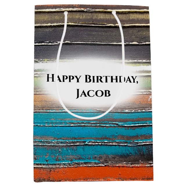 birthday, paint on rustic wood medium gift bag (Front)