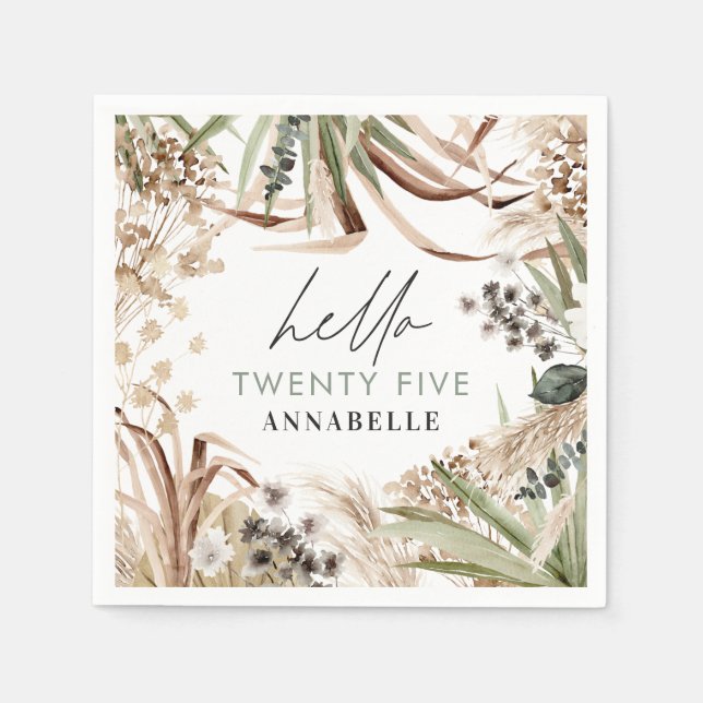 Birthday pampas eucalyptus modern boho party paper napkins (Front)