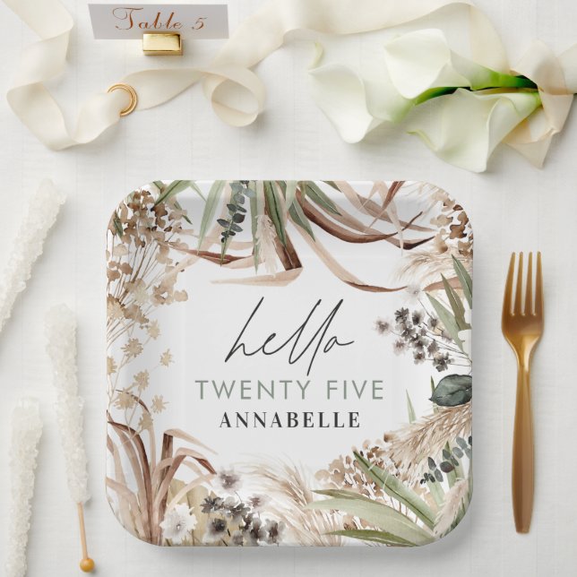 Birthday pampas eucalyptus modern boho party paper plates (Wedding)