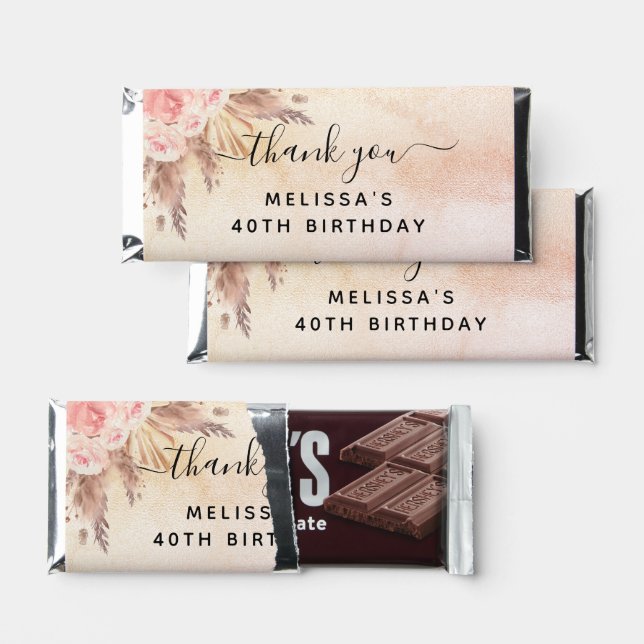 Birthday pampas grass blush pink rose floral hershey bar favors (Front)