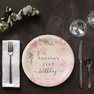 Birthday pampas grass blush rose gold butterflies paper plates
