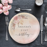 Birthday pampas grass blush rose gold florals paper plates<br><div class="desc">A rustic blush pink,  rose gold gradient background. Decorated with rose gold,  pink florals. Personalize and add a name and age.</div>