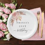 Birthday pampas grass blush rose gold florals paper plates<br><div class="desc">A chic white background. Decorated with rose gold,  pink florals and boho style pampas grass. Personalize and add a name and age.</div>
