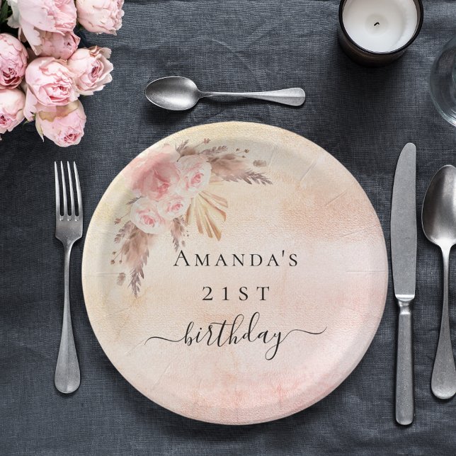 Birthday pampas grass blush rose gold florals paper plates (Creator Uploaded)