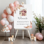Birthday pampas grass blush rose gold photo foam board<br><div class="desc">A welcome board for an elegant and modern birthday party. White background,  decorated with boho style pampas grass and rose gold and blush pink florals.  Personalize and add a photo,  name and age.</div>
