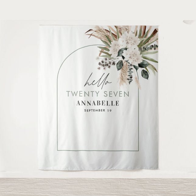 Birthday pampas grass eucalyptus modern sage green tapestry (Front)