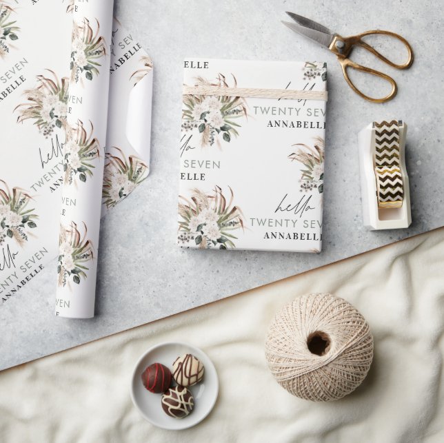 Birthday pampas grass eucalyptus modern sage green wrapping paper (Crafts)