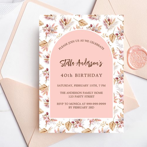 Birthday pampas grass flowers rose gold pink invitation